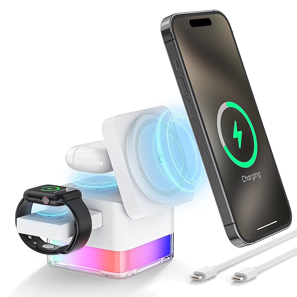 Iphone Wireless Charger,  3 in 1 Cube Wireless Charger Stand, 15W Fast Charging Station, Foldable Wireless Charger for Iphone 16/15/14/13/12 Pro Max, Iwatch S2-10/Ultra, Airpods 2/3/4/Pro