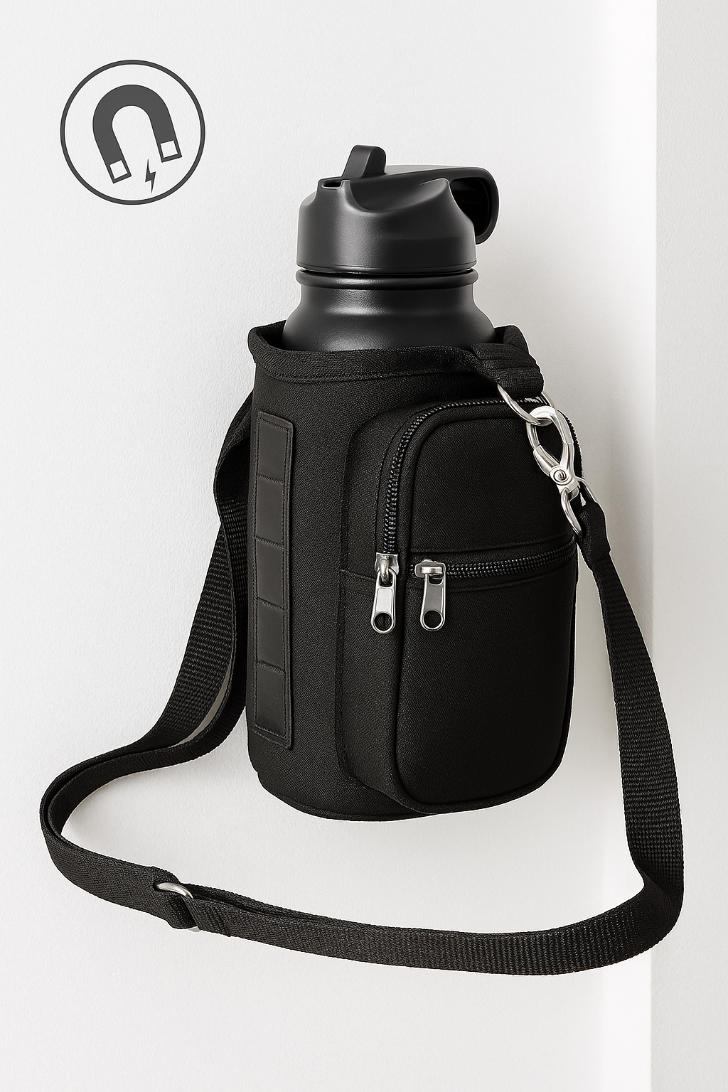 Magnetic Water Bottle Holder Gym Water Bottle Carrier Bag W/ Phone Pocket Handle Shoulder Strap 6 Built-In Magnets Water Bottle