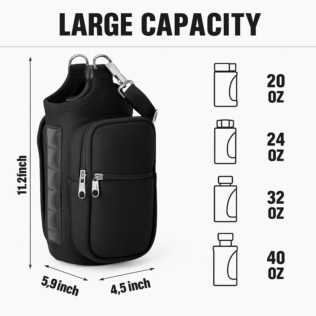 Magnetic Water Bottle Holder Gym Water Bottle Carrier Bag W/ Phone Pocket Handle Shoulder Strap 6 Built-In Magnets Water Bottle
