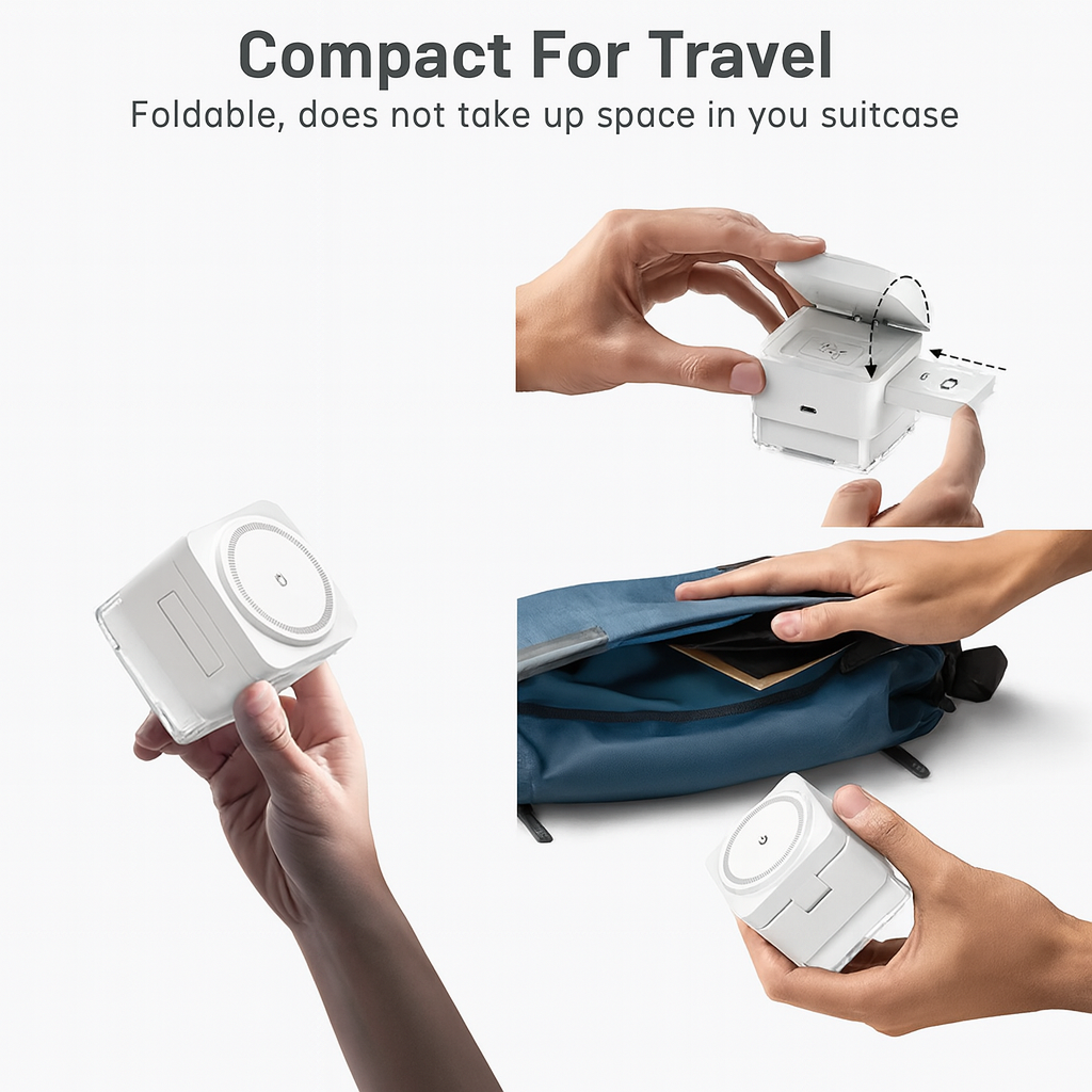 3-in-1 foldable cube wireless charger with 15W fast charging, compatible with iPhone 12–16 (including Pro and Pro Max), Apple Watch Series 2–10/Ultra, and AirPods 2–4/Pro.
