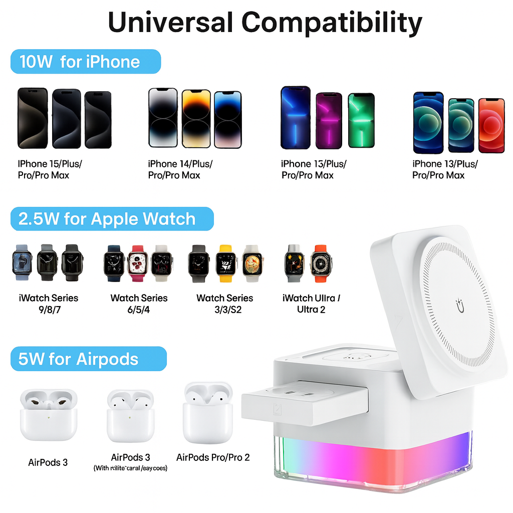 3-in-1 foldable cube wireless charger with 15W fast charging, compatible with iPhone 12–16 (including Pro and Pro Max), Apple Watch Series 2–10/Ultra, and AirPods 2–4/Pro.