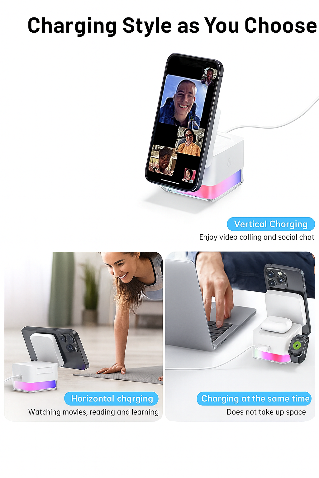 3-in-1 foldable cube wireless charger with 15W fast charging, compatible with iPhone 12–16 (including Pro and Pro Max), Apple Watch Series 2–10/Ultra, and AirPods 2–4/Pro.