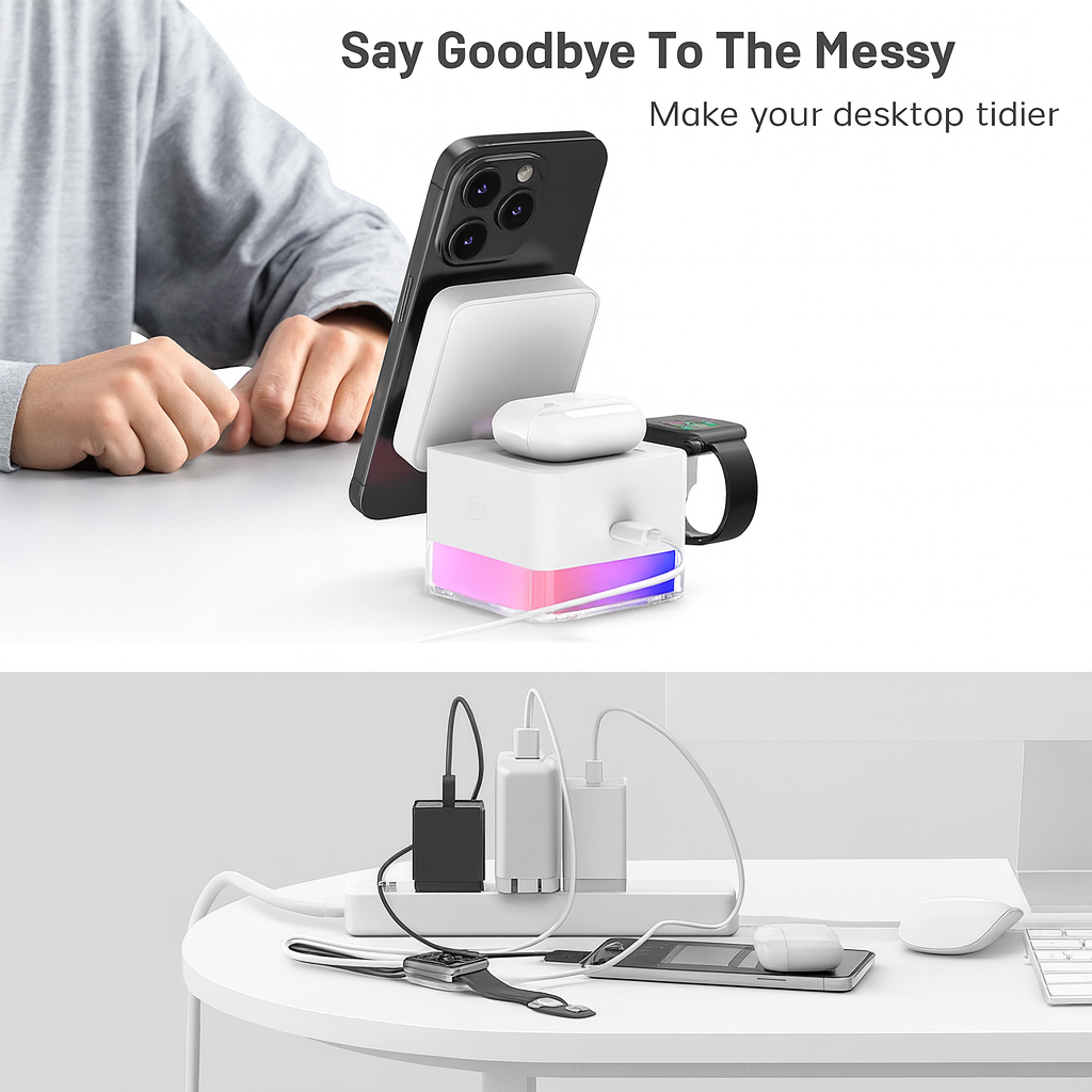 3-in-1 foldable cube wireless charger with 15W fast charging, compatible with iPhone 12–16 (including Pro and Pro Max), Apple Watch Series 2–10/Ultra, and AirPods 2–4/Pro.